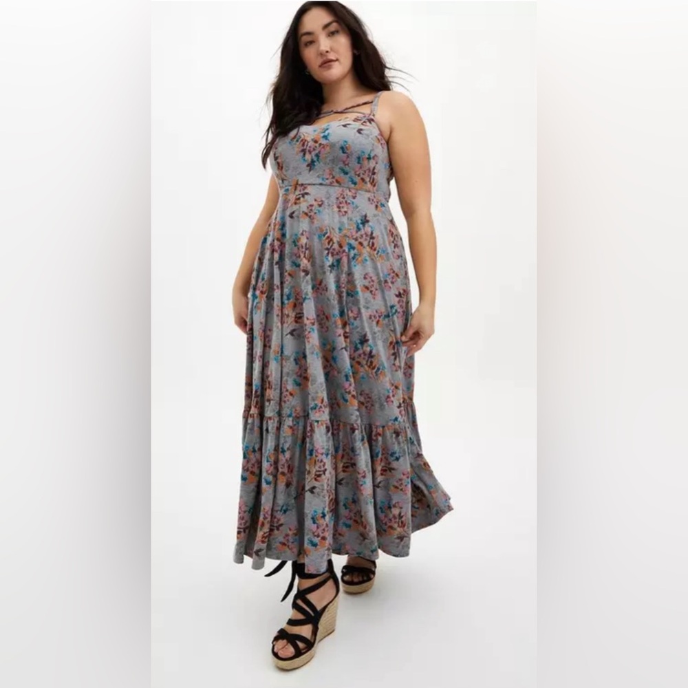 *Torrid Maxi Jersey Tiered Strappy Dress Grey Floral Size 2 2X - Picture 2 of 11